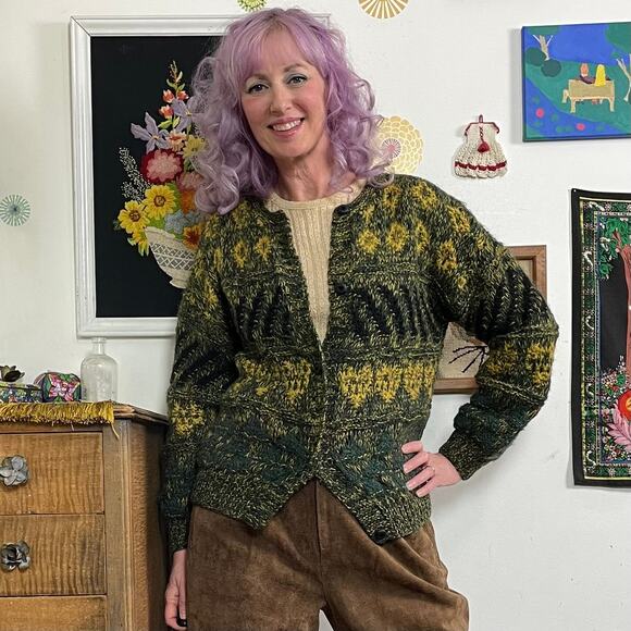 Vintage Green & Gold Grandpa Cardigan, 1970s Hand Knit Button Front Sweater Sz L - Picture 1 of 11